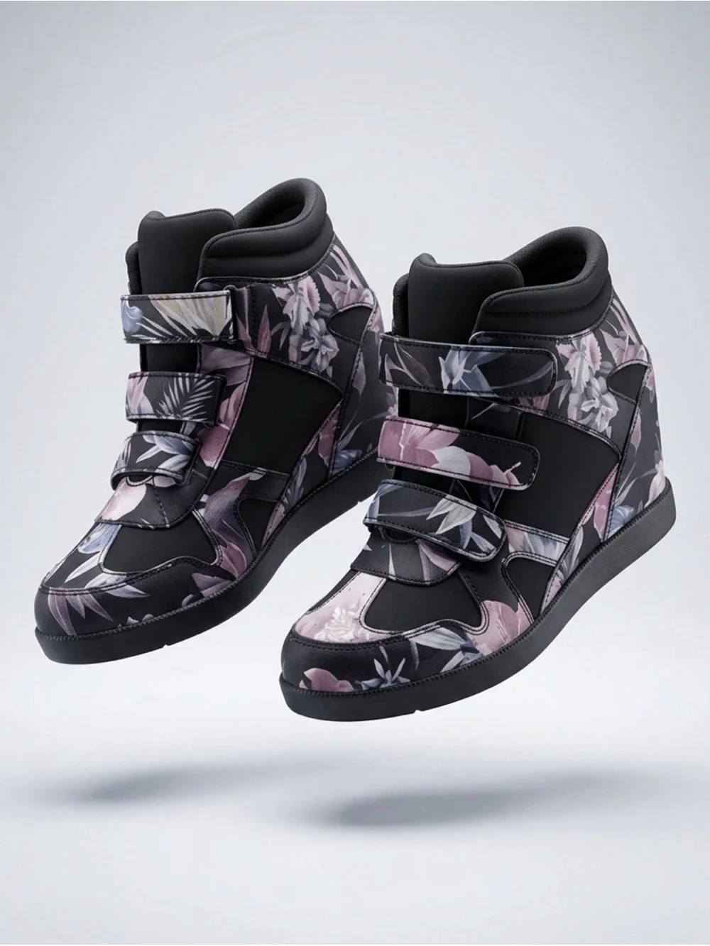 Floral High-Top Wedge Sneakers for Women - Black and Purple